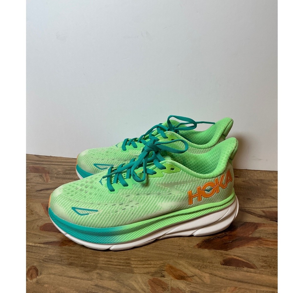 HOKA Clifton 9 Women Running Shoes Size 7D Wide Green Lime Orange 1132210 ZLGL - Picture 2 of 8
